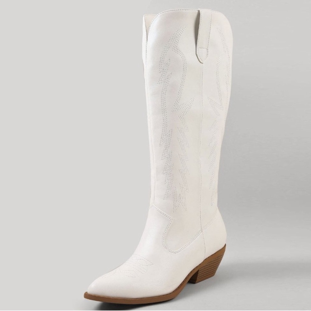 White Knee High Embroidered Cowboy Boots - Picture 6 of 11